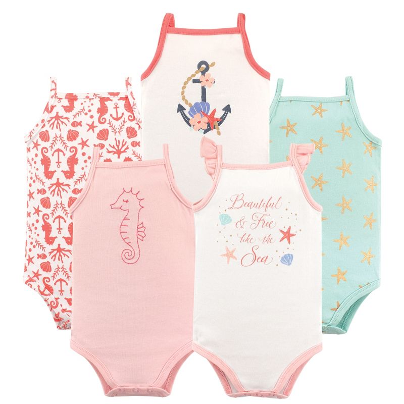 Hudson Baby Infant Girl Cotton Sleeveless Bodysuits 5pk, Beautiful Sea, 1 of 3