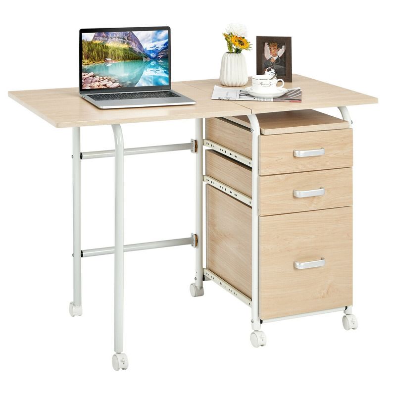 Costway Folding Computer Laptop Desk Wheeled Home Office Furniture w/3 Drawers Brown/Natural, 1 of 11