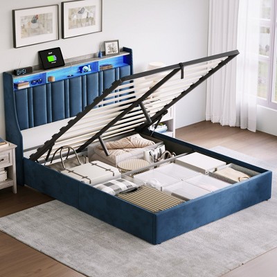 Lift Up Storage Bed Frame, Upholstered, with Headboard, LED Lights & Charging Station Blue 57.5''*45.3''*82.3''