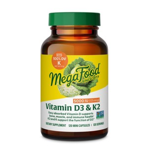 MegaFood Vitamin D3 5000 IU (125 mcg) - Vitamin D Supplements w/ Vitamin D3 & K2, Bones, Teeth, Muscles & Immune Support, Vegetarian, 120 Mini Caps. - 1 of 4
