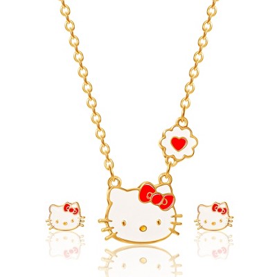 Hello Kitty Girls Necklace Stud Earrings Jewelry Set - 18+3"