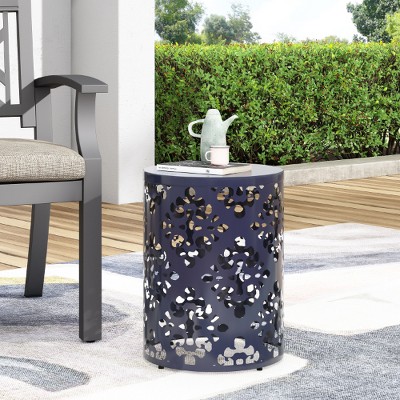 Modern Iron Patio Side Table with Floral Cut Design, Cylindrical Outdoor End Table, Iron-cut Outdoor End Table for Patio -Christopher Knight Home