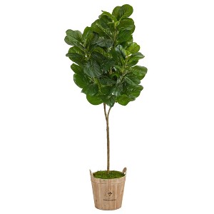 Nearly Natural 74-in Fiddle leaf Fig Artificial Tree in Farmhouse Planter - 1 of 4