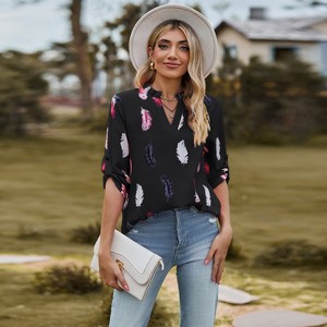 Women'Summer Fall 3/4 Roll-Up Long Sleeve  Print Shirt V Neck Casual Loose Fit Top Blouse - 1 of 4
