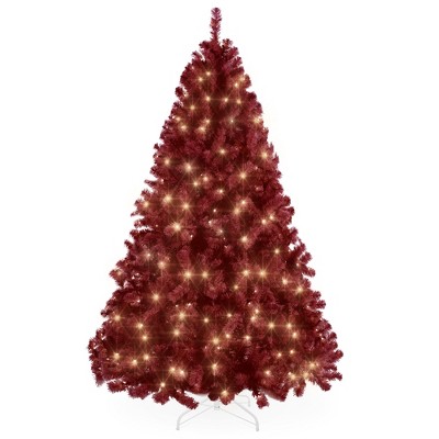 Best Choice Products Pre-Lit Burgundy Christmas Tree, Artificial Full Holiday Decoration w/ Incandescent Lights