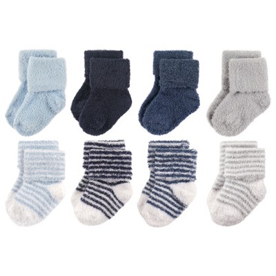 Image of Hudson Baby Infant Boy Cotton Rich Newborn and Terry Socks, Boy Stripe, 6-12 Months
