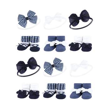 Hudson Baby Infant Girl 12Pc Headband and Socks Giftset, Navy Gingham, One Size