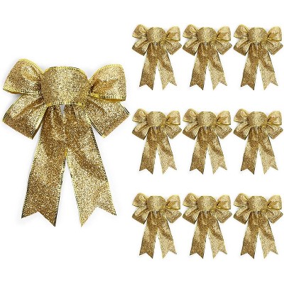 Bright Creations 10 Pieces 7"x9" Christmas Bows Organza Xmas Gift Wrapping Bowknot with Twist Tie, Gold Glitter