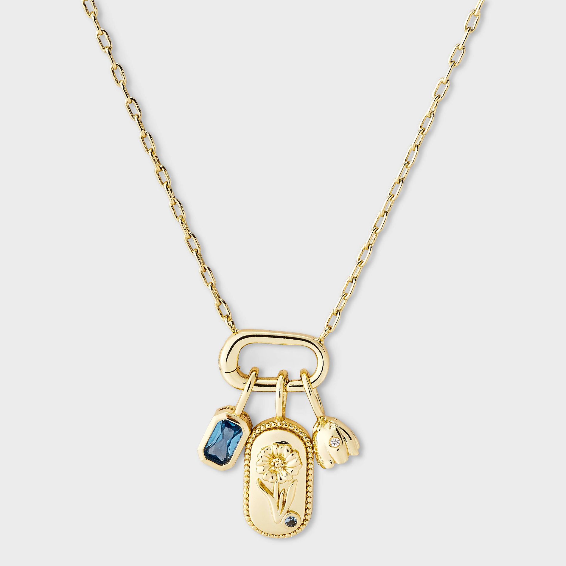 14k Gold Dipped Polished Forget Me Not Tag with Charm and Bud Necklace - A New Day™ Gold/Blue