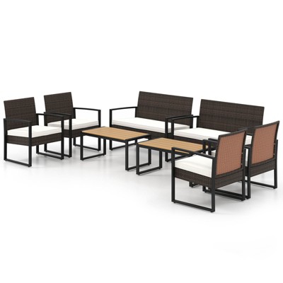 Tangkula Set of 8 PE Rattan Patio Conversation Set Outdoor Porch Chairs Loveseat with Coffee Table and Soft Cushions Metal Frame