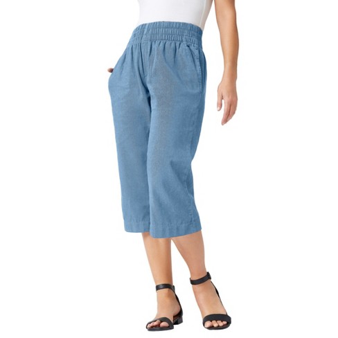 Jessica London Women's Plus Size Wide-Leg Crop Chambray Pants - 16 W, Blue
