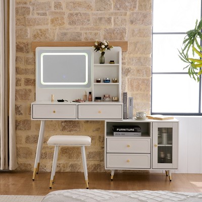 Retractable Makeup Vanity Desk Compact Vanity Table Dressing Table with 3-Mode Lighted Mirror, Charging Ports, Drawers & Cabinet, Black/White-ModernLu