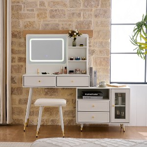 Retractable Makeup Vanity Desk Compact Vanity Table Dressing Table with 3-Mode Lighted Mirror, Charging Ports, Drawers & Cabinet, Black/White-ModernLu - 1 of 4