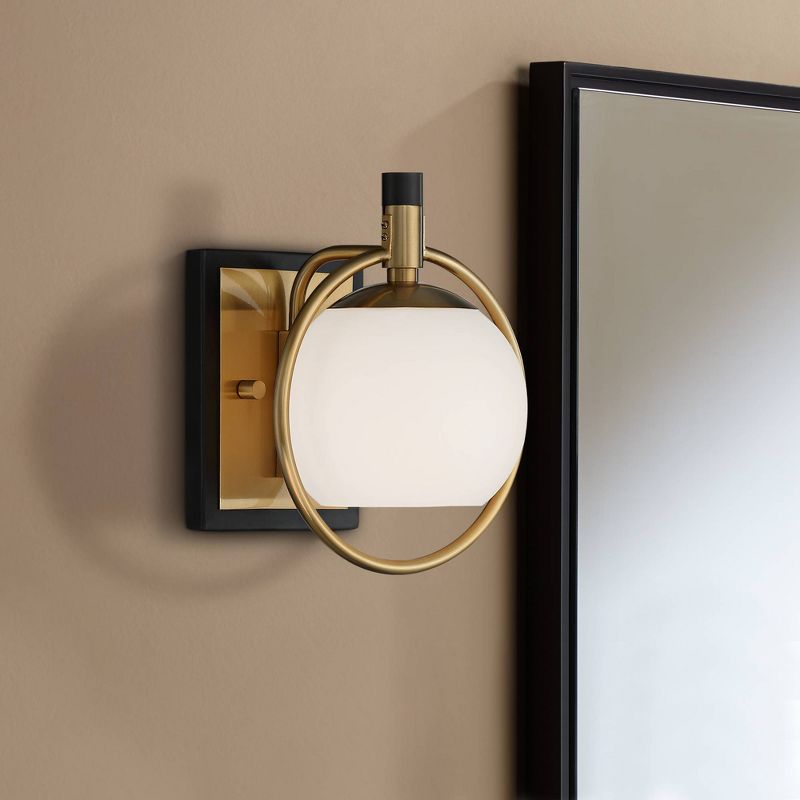 Possini Euro Design Carlyn Modern Wall Light Sconce Warm Brass Black Hardwire 8" Fixture Milky White Globe Glass for Bedroom Bathroom Vanity Reading, 2 of 9