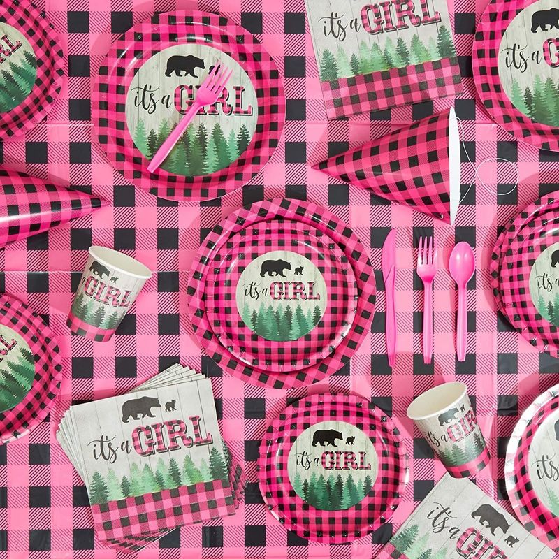 Sparkle and Bash 80-Pack It's a Girl Party Supplies, Pink Buffalo Plaid Disposable Plates Baby Shower, Gender Reveal, 2 of 6