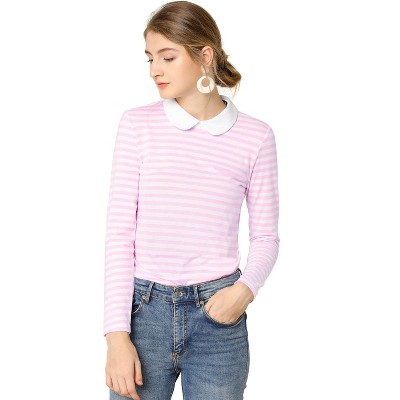 INSPIRE CHIC Women's Long Sleeves Contrast Peter Pan Collar Striped Blouse Top