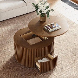 POVISON 31.5'' Lifting Top Round Coffee Table, Mid-Century Modern Wood Coffee Table, Fluted Coffee Table with Hidden Storage and Drawer, Walnut Color - 1 of 4