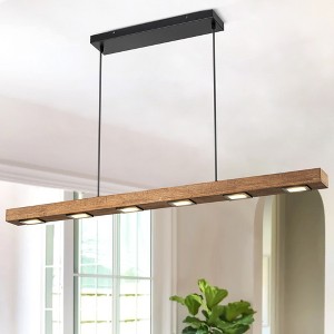 Rennnsan Teralin 31"-47" W 6-8 -Light Wood LED Mid-Century Linear Kitchen Island Pendant in Black - 1 of 4