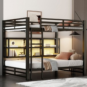 Metal Queen over Queen Bunk Bed with Storage Cabinets and LED, Black - ModernLuxe - 1 of 4