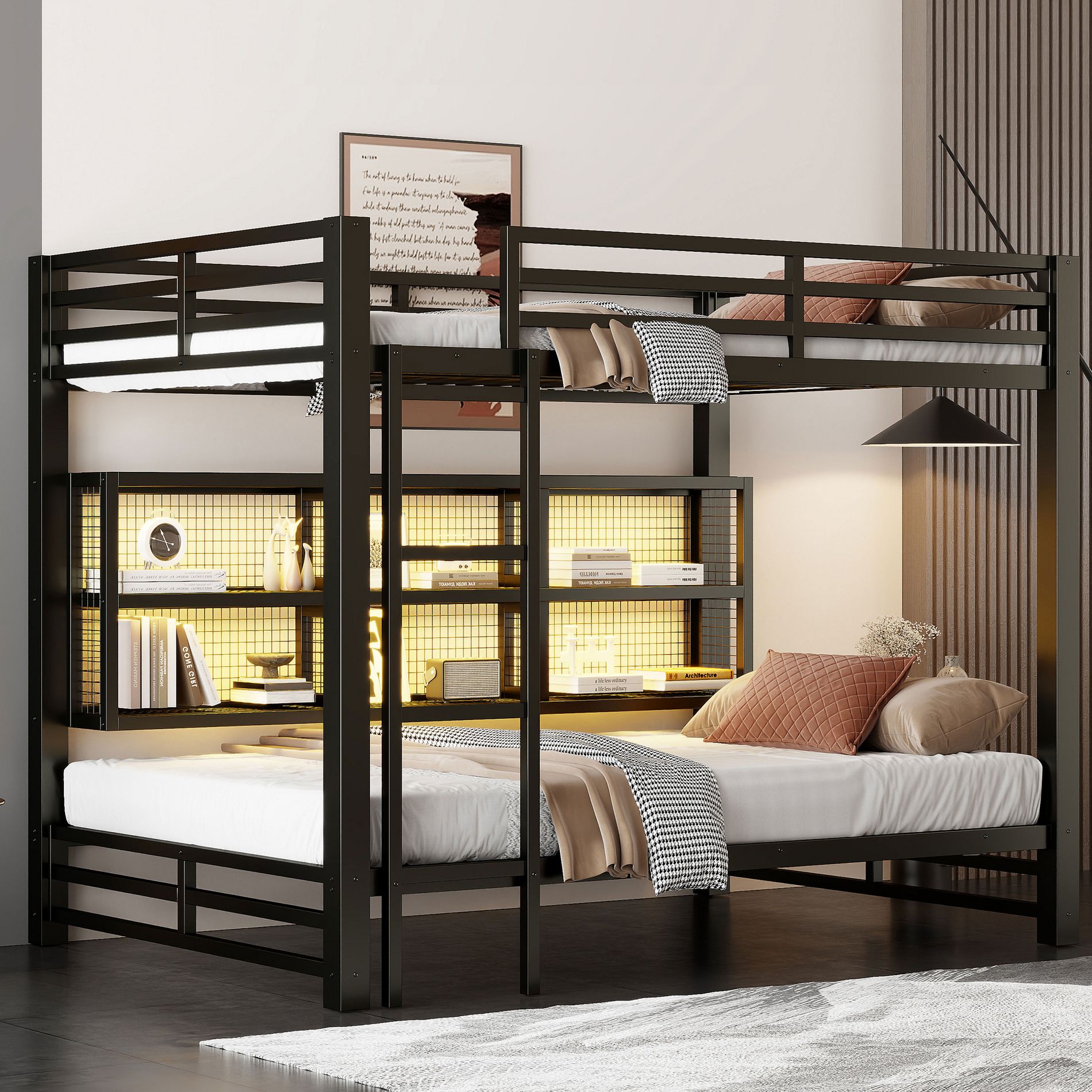 Metal Queen over Queen Bunk Bed with Storage Cabinets and LED, Black - ModernLuxe