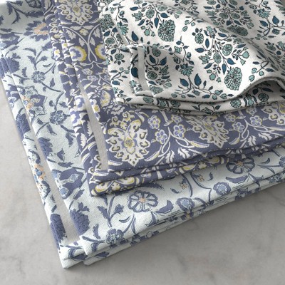 Charming Blue Floral Cotton Kitchen Towels Set of 6