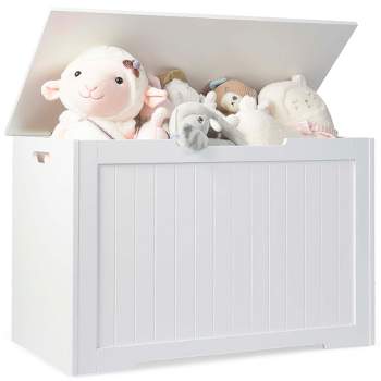 Costway Wooden Toy Box Kids Storage Chest Bench W/ Flip-Top Lid & Safety Hinge White\Brown