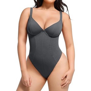 SHAPELLX Slimming Bodysuits for Women Tummy Control Thong Shapewear Built in Bra Body Control Body Suit Faja Body Shaper—Grey 38 - 1 of 3