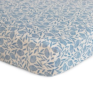 Mushie Extra Soft Muslin Crib Sheet - Blue Flowers - 1 of 4