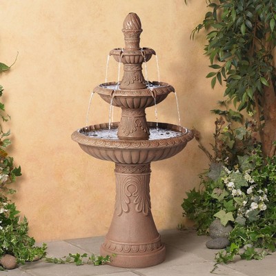 European Rustic Three-Tiered Outdoor Water Fountain with LED Light