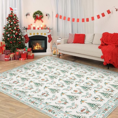 TackView Christmas Rug Washable, Non Slip Low Pile Christmas Tree & Floral Accent Carpet, for Living Room, Bedroom, Kitchen