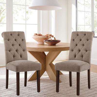 Set of 2 Tufted Upholstered Dining Chairs with High Back and Wood Legs, Fabric Parsons Side Chairs for Kitchen or Dining Room