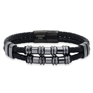 Steeltime Men's braided black leather with gunmetal stainless steel beads bracelet - 1 of 4