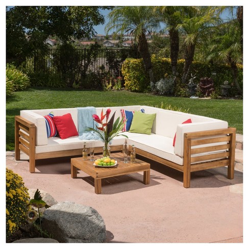 oana 4pc acacia wood patio sectional chat set w/ cushions - christopher  knight home