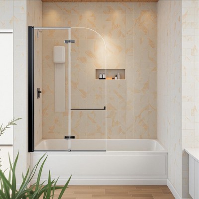 Frameless Reversible Bathtub Door, 6mm Clear Tempered Glass, Black