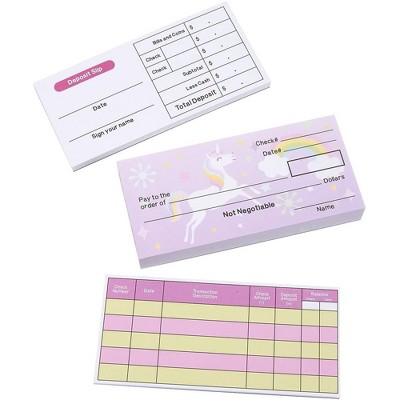 Blue Panda 150 Sheets Pretend Checkbook for Kids with Fake Deposit Slip & Check Register for Play School Supplies (Unicorn Themed)