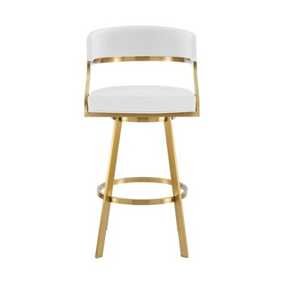 HomeRoots 30" White and Gold Faux Leather and Stainless Steel Low Back Bar Height Swivel Bar Chair