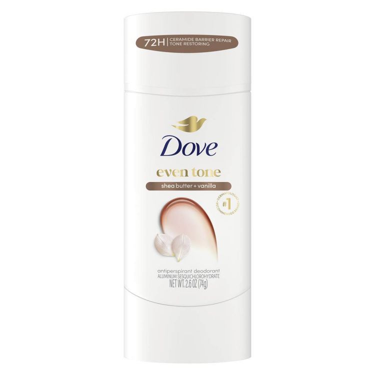 White antiperspirant stick labeled "Dove even tone shea butter + vanilla" with "72H ceramide barrier repair tone restoring" and net weight of 2.6 oz (74g).