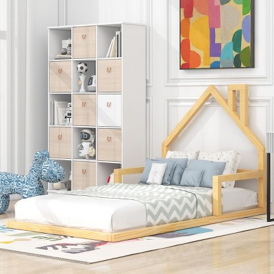 1 Twin Floor Bed Frame, Solid Wood House-Shaped Headboard for Kids or Teens Bedroom, No Box Spring Needed - Baofuwish