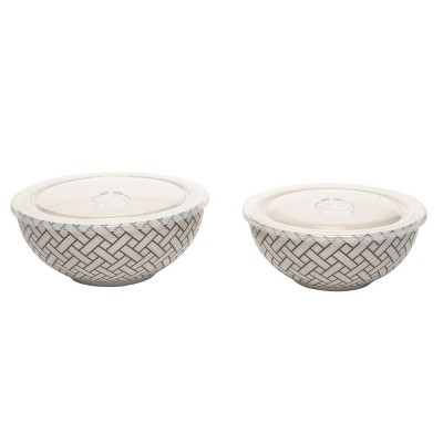 Totalee Gift Lattice Pattern Bowls w/ Plastic Lid Set of 2 Ceramic White 25.7 oz
