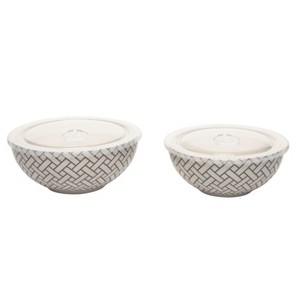 Totalee Gift Lattice Pattern Bowls w/ Plastic Lid Set of 2 Ceramic White 25.7 oz - 1 of 2