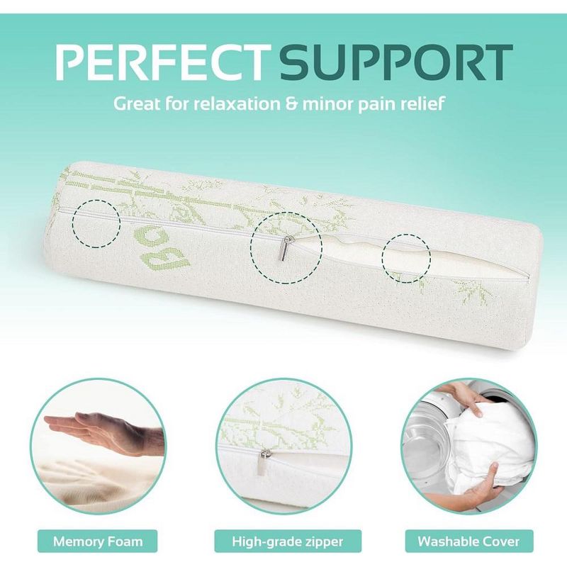 Allsett Health 2 Pack Cervical Neck Memory Foam Pillow, Bolster Pillow, Neck Pillow Support for Sleeping | Bolster Pillow for Bed, Legs, Back- White, 4 of 8