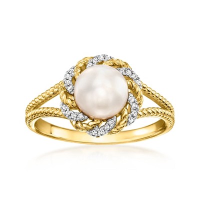 Ross-Simons 7-7.5mm Cultured Pearl Ring With Diamonds in 18kt Gold Over Sterling