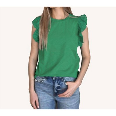 Women's Embroidered Ruffled Sleeve Crew Neck Top - Shiying Fashion