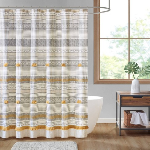 Farmhouse Shower Curtain 72x72 Embroidered Bee Creme Yellow Grey