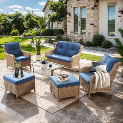 Gymojoy 6 Piece Outdoor Wicker Loveseat Sofa with Patio Chairs with Coffee Table and Ottoman Sets