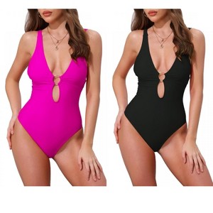 INSPIRE CHIC Women's O Ring Cut Out Deep V Monokini Bikini Suit 2 Sets - 1 of 4