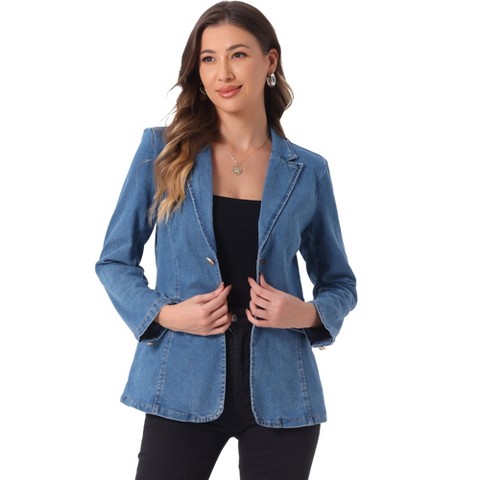 INSPIRE CHIC Women's Notched Lapel Denim Single Breasted Shoulder Pad Business Casual Blazer X-Small Light Blue