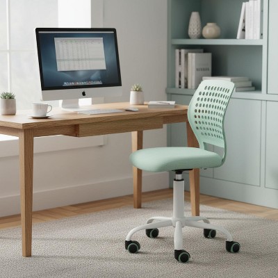 FurnitureR Armless Desk Chair with Rolling Wheels, Compact Adjustable Height Swivel Study Computer Task Chair with Breathable Back, Green