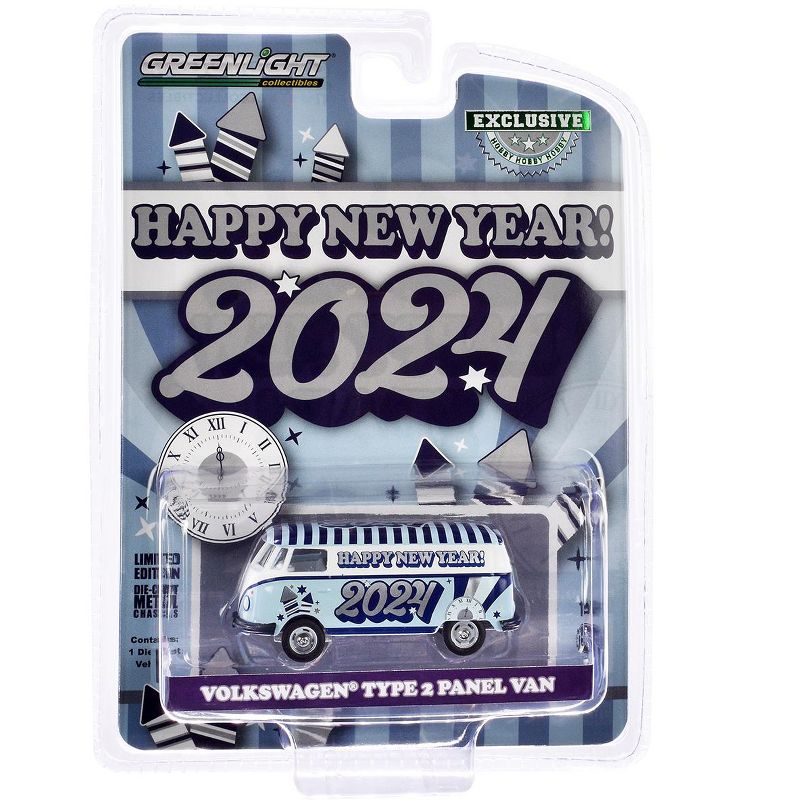 Volkswagen Type 2 Panel Van "Happy New Year 2024" Light Blue and White with Striped Top 1/64 Diecast Model Car by Greenlight, 3 of 4