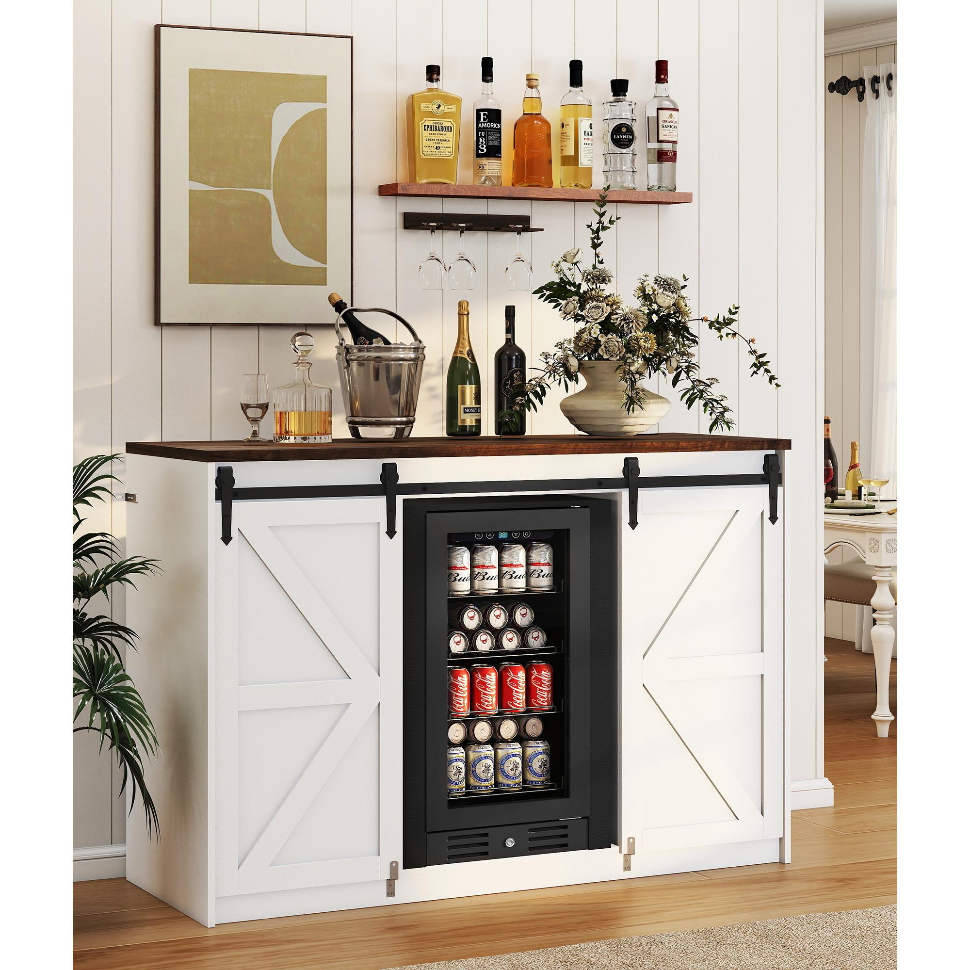 Skyzoo Mini Fridge Cabinet with Built-In Fridge Space, Farmhouse Coffee Bar Cabinet with Outlet, Mini Bar for Home
